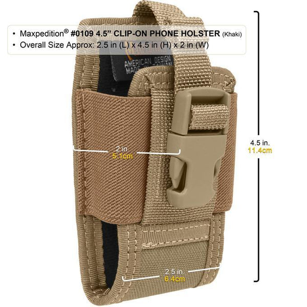 4.5" CLIP-ON PHONE HOLSTER - MAXPEDITION,Military, CCW, EDC, Tactical, Everyday Carry, Outdoors, Nature, Hiking, Camping, Bushcraft, Gear