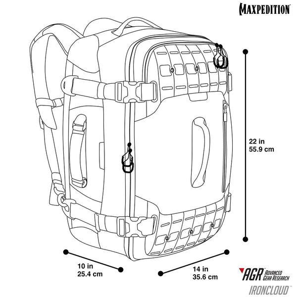 Maxpedition's Ironcloud overall size is Overall size: 14 (L) x 10 (W) x 22 (H) in | 35.6 x 25.4 x 55.9 cm 