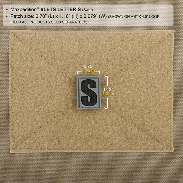 LETTER S PATCH - MAXPEDITION, Patches, Military, CCW, EDC, Tactical, Everyday Carry, Outdoors, Nature, Hiking, Camping, Bushcraft, Gear, Police Gear, Law Enforcement